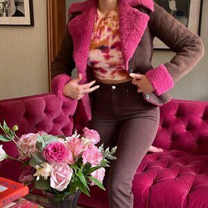 Vintage Brown Suede Coat with Hot Pink Shearling